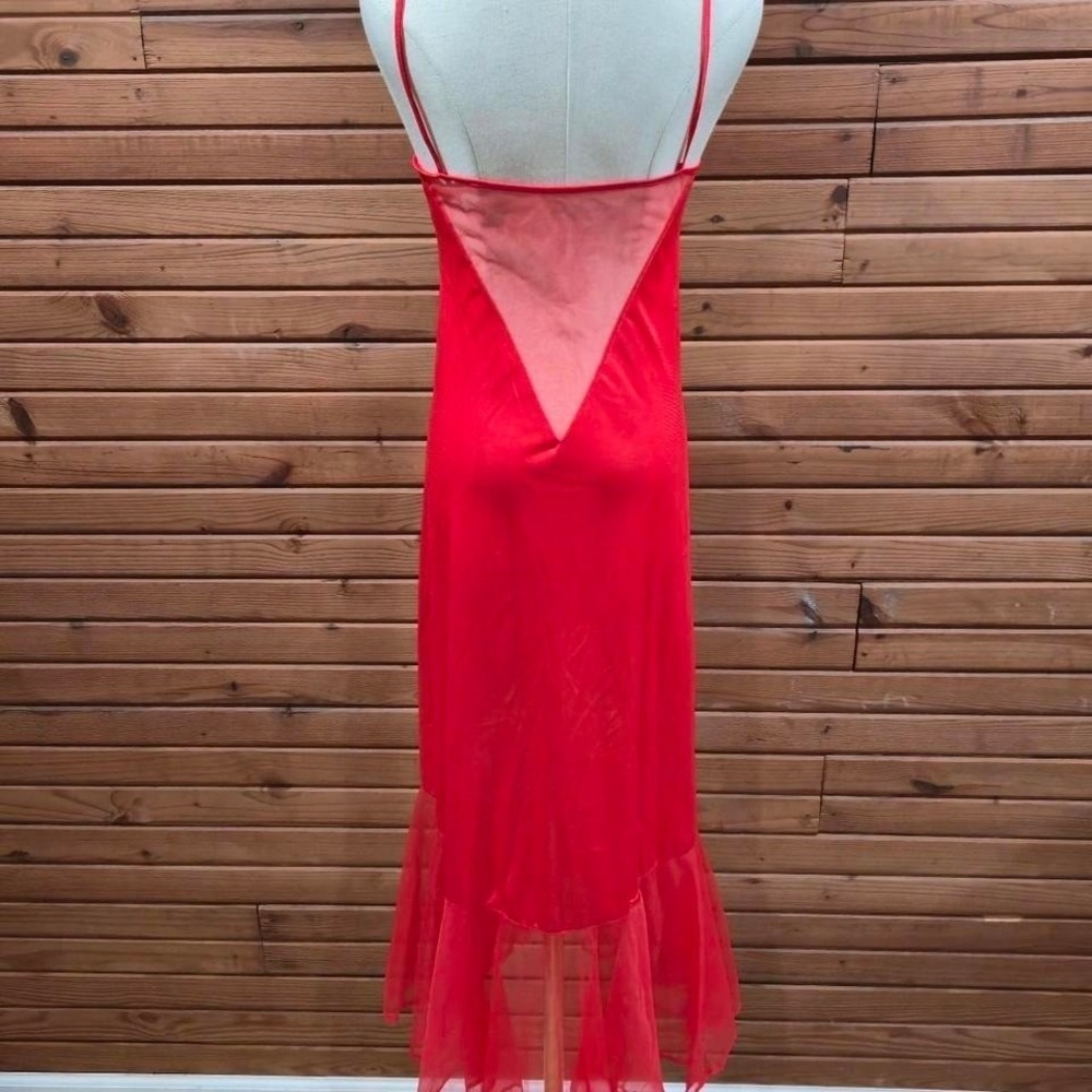 Vintage Red Satin Lace Nightgown Sheer Mesh Back Slip Dress Glam Maximalist